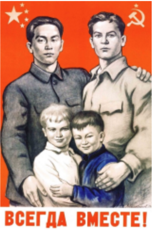 1958 propaganda poster created by the USSR. The image shows a Russian and Chinese man standing paternally with a Russian and Chinese boy. 